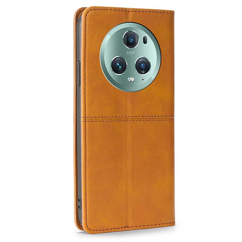 For Honor Magic5 Pro Leather Cell Phone Stand Case Cowhide Texture Anti-Scratch Card Holder Phone Cover