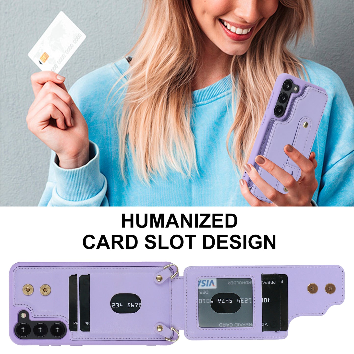 For Samsung Galaxy S22+ 5G Wristband Kickstand Phone Cover Card Slots Leather+TPU Case