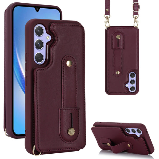 For Samsung Galaxy A34 5G PU Leather Coated TPU Card Slots Case Wristband Kickstand Anti-Scratch Phone Cover