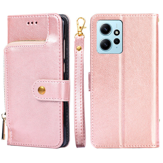 For Xiaomi Redmi Note 12 4G Zipper Pocket Leather Phone Case Wallet Stand Drop-proof Cover with Strap
