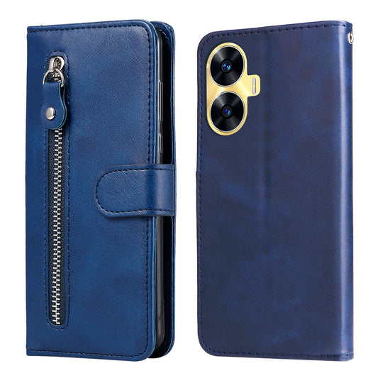 Zipper Pocket Leather Phone Case for Realme C55 , Calf Texture Stand Wallet Phone Cover