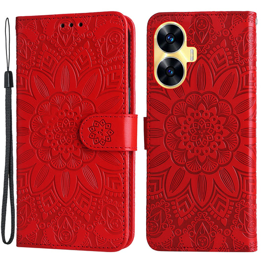 PU Leather Stand Wallet Phone Cover for Realme C55 Sunflower Imprinted Phone Case with Strap