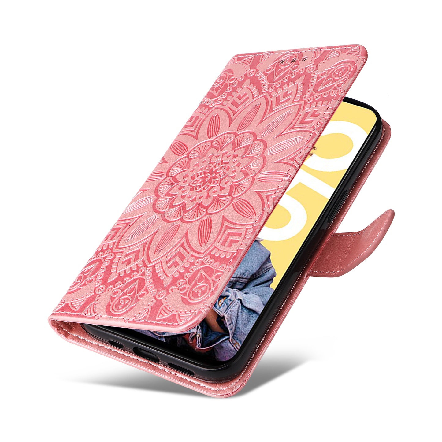 PU Leather Stand Wallet Phone Cover for Realme C55 Sunflower Imprinted Phone Case with Strap
