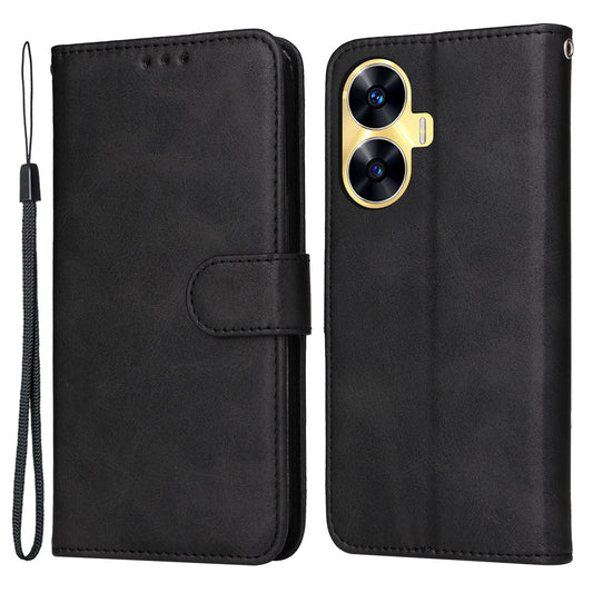 For Realme C55 Calf Texture Phone Leather Case Wallet Stand Cell Phone Cover with Strap