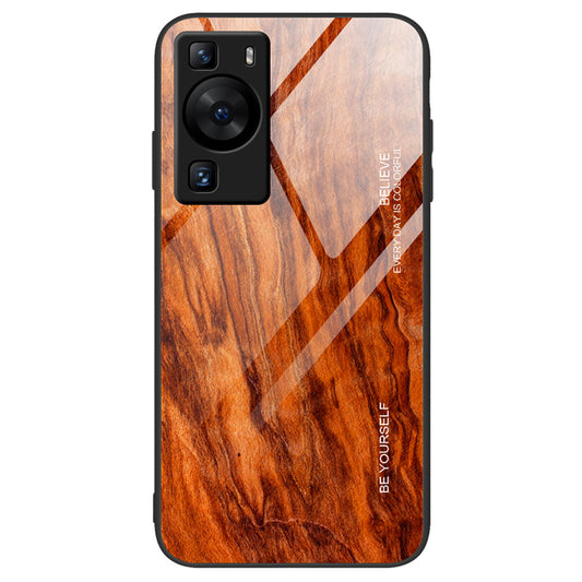 For Huawei P60 Wooden Pattern Phone Case Tempered Glass + TPU Shock Protective Cover