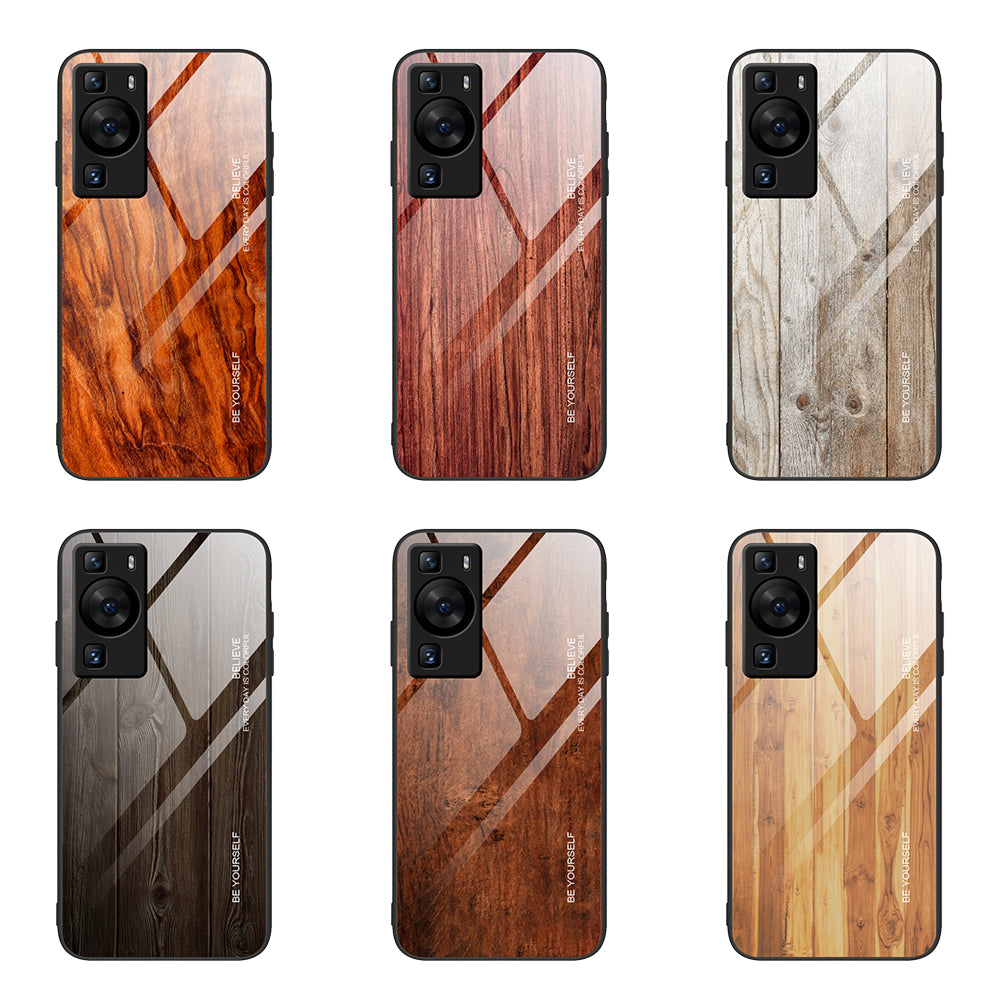 For Huawei P60 Wooden Pattern Phone Case Tempered Glass + TPU Shock Protective Cover