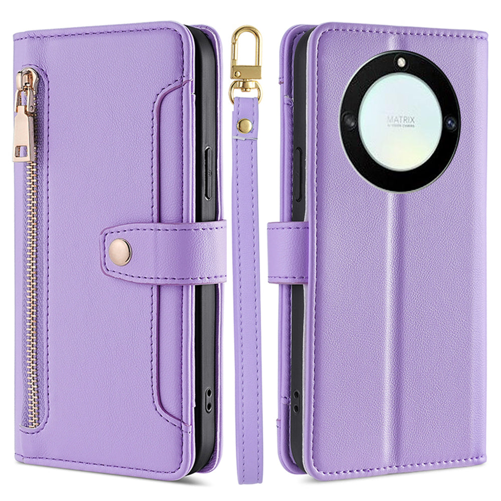 For Honor X40 5G / X9a 5G / Magic5 Lite 5G Leather Wallet Cover Zipper Pocket Phone Stand Case with 2 Straps