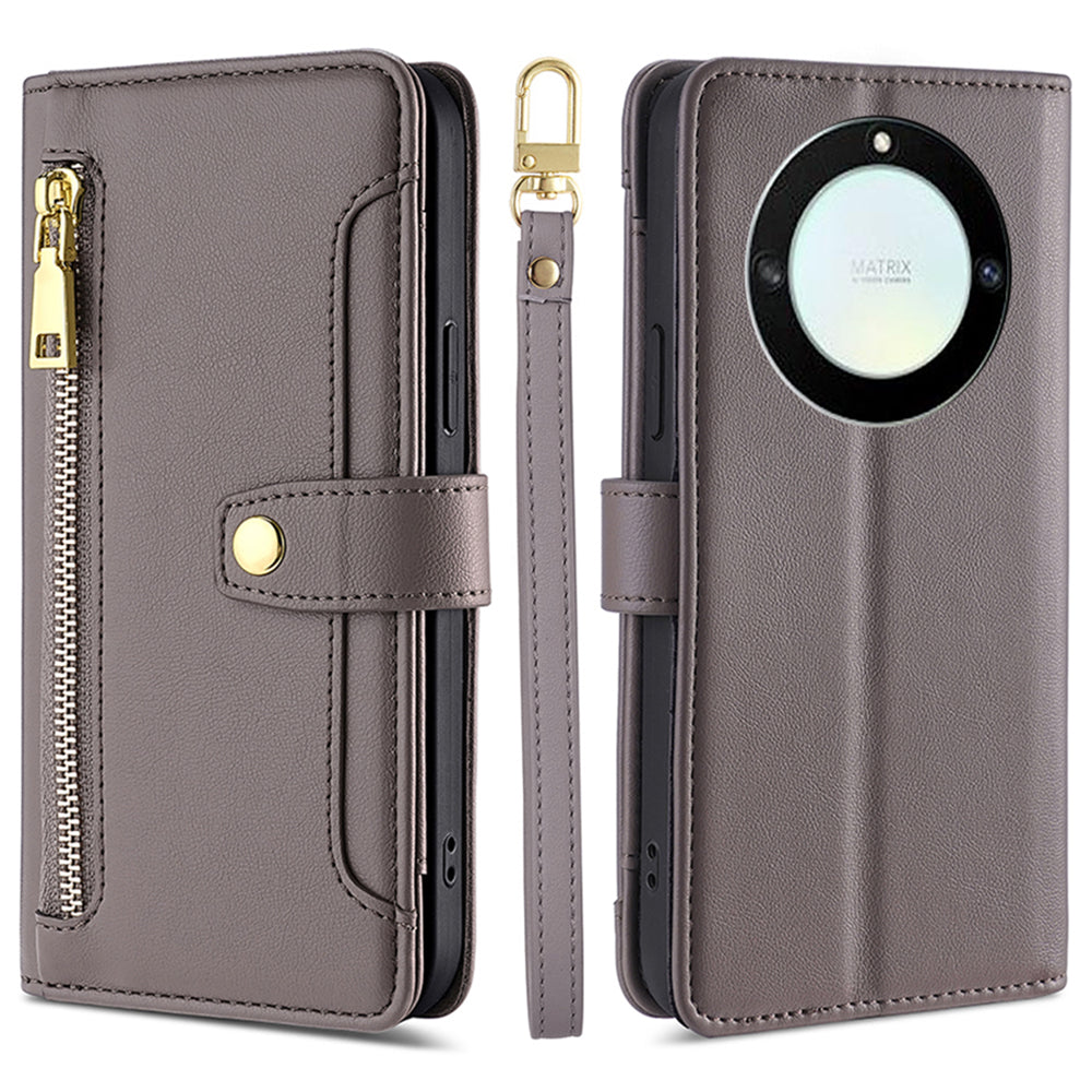 For Honor X40 5G / X9a 5G / Magic5 Lite 5G Leather Wallet Cover Zipper Pocket Phone Stand Case with 2 Straps