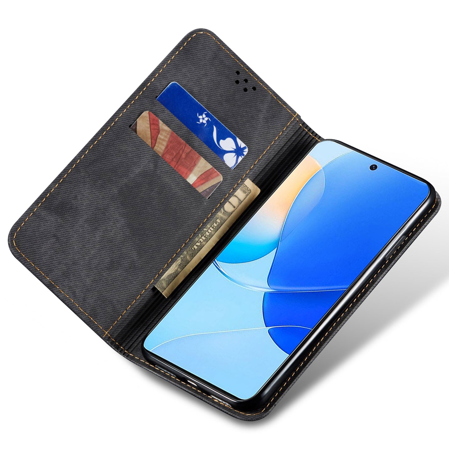 For Huawei nova 11 Wallet Stand Phone Case PU Leather Jeans Cloth Texture Phone Cover