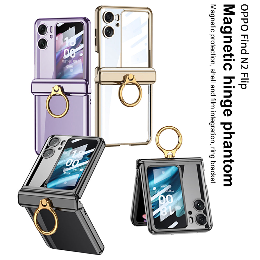 GKK For Oppo Find N2 Flip 5G Ring Kickstand Phone Case Magnetic Hinge PC Cover with Small Screen Protective Film