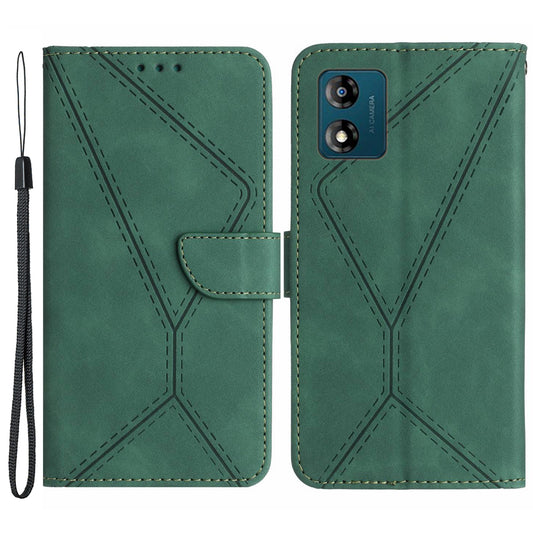 HT05 For Motorola Moto E13 4G PU Leather Flip Cover Imprinted Line Skin-touch Stand Wallet Phone Case