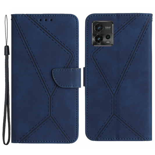HT05 For Motorola Moto G72 4G Stand Wallet Leather Case Imprinted Line Skin-touch Phone Cover