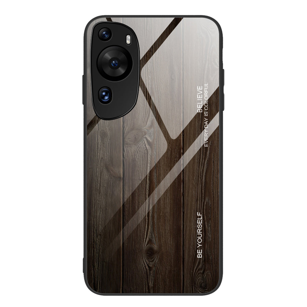 For Huawei P60 Art Wooden Pattern Phone Case Tempered Glass Back + TPU Frame Shockproof Cover