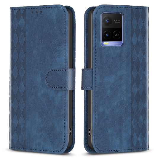 Phone Case for vivo Y21 / Y21s / Y33s PU Leather Grid Pattern Imprinted Cover Stand Wallet Shell