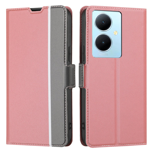 For vivo Y78+ 5G Anti-Scratch Phone Cover Twill Texture Card Holder Stand TPU+PU Leather Case