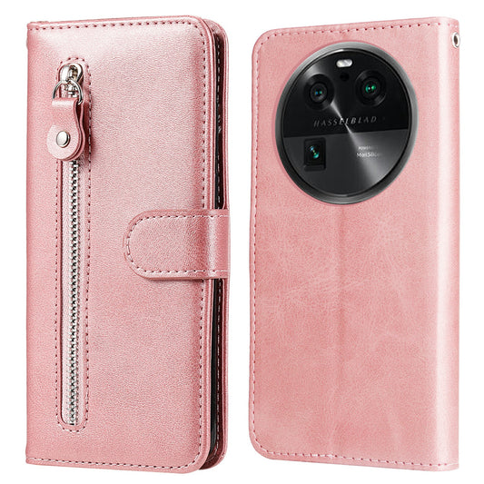 For Oppo Find X6 Pro Zipper Pocket Phone Case Stand Shell Calf Texture Anti-Scratch Wallet Cover