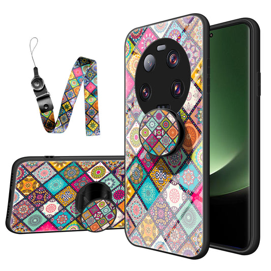 PC+TPU+Tempered Glass Kickstand Case for Xiaomi 13 Ultra , Flower Pattern Smartphone Cover with Lanyard