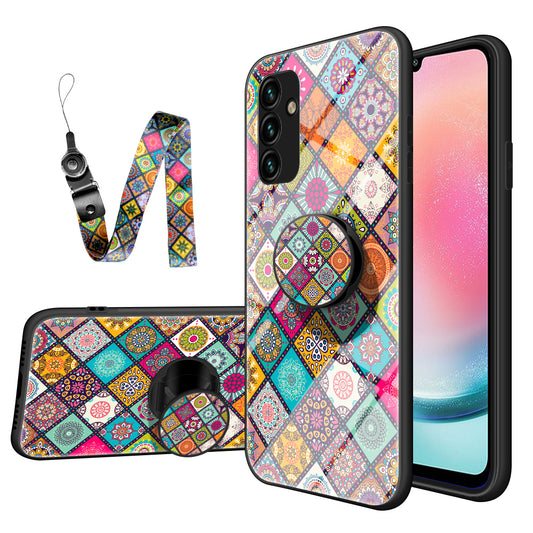 Kickstand Case for Samsung Galaxy A24 4G Flower Pattern PC+TPU+Tempered Glass Phone Cover with Lanyard