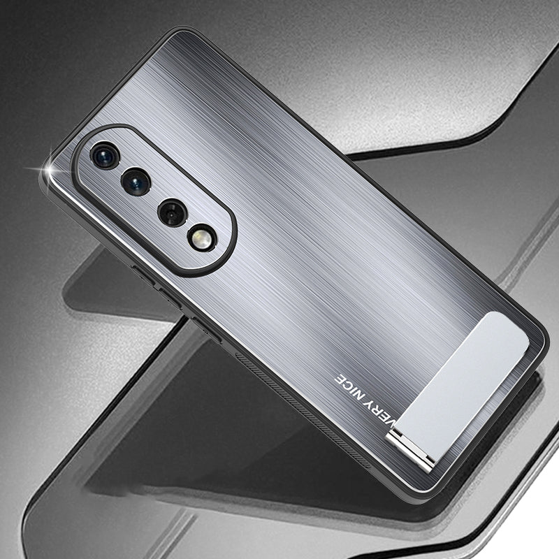 For Honor 90 Pro Kickstand Phone Case Anti-Fall Aluminium Alloy Back TPU Frame Brushed Cover