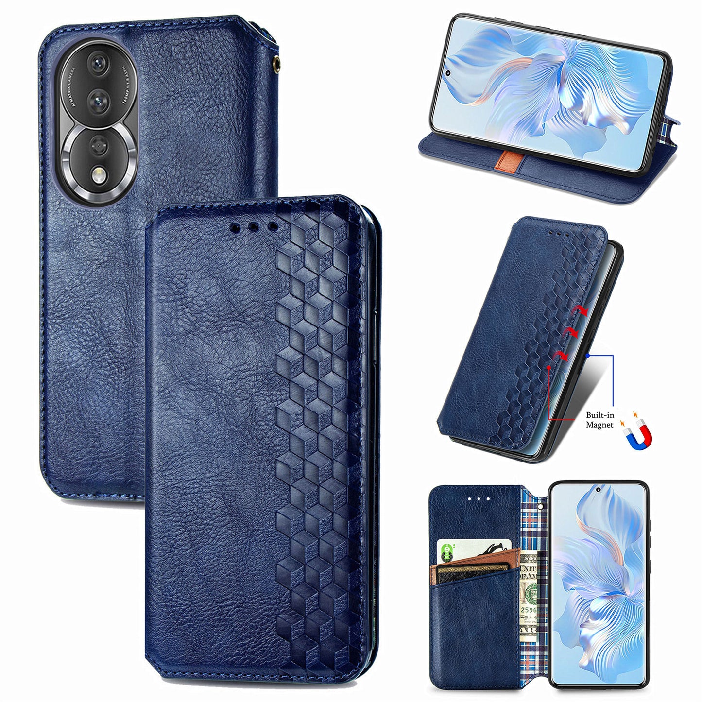 For Honor 80 5G TPU+PU Leather Wallet Phone Cover Imprinted Rhombus Stand Cell Phone Case