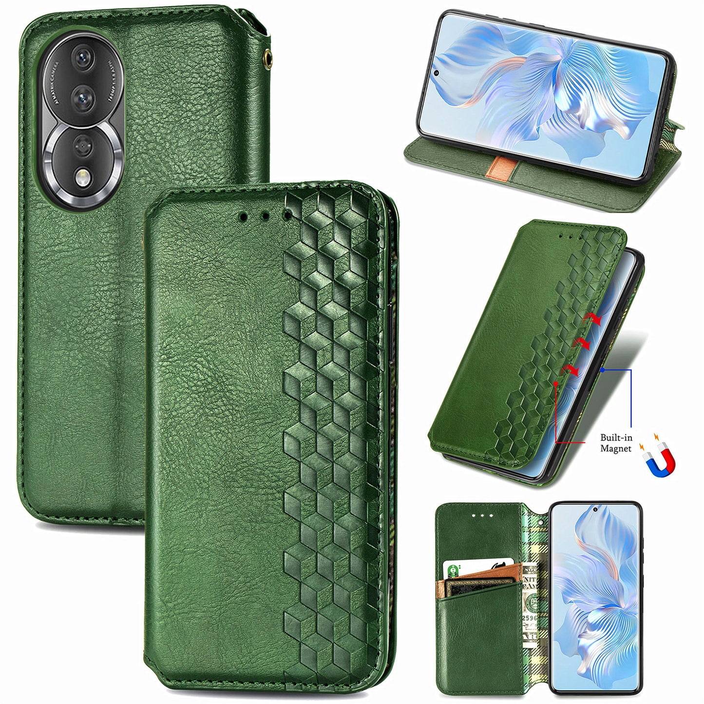 For Honor 80 5G TPU+PU Leather Wallet Phone Cover Imprinted Rhombus Stand Cell Phone Case