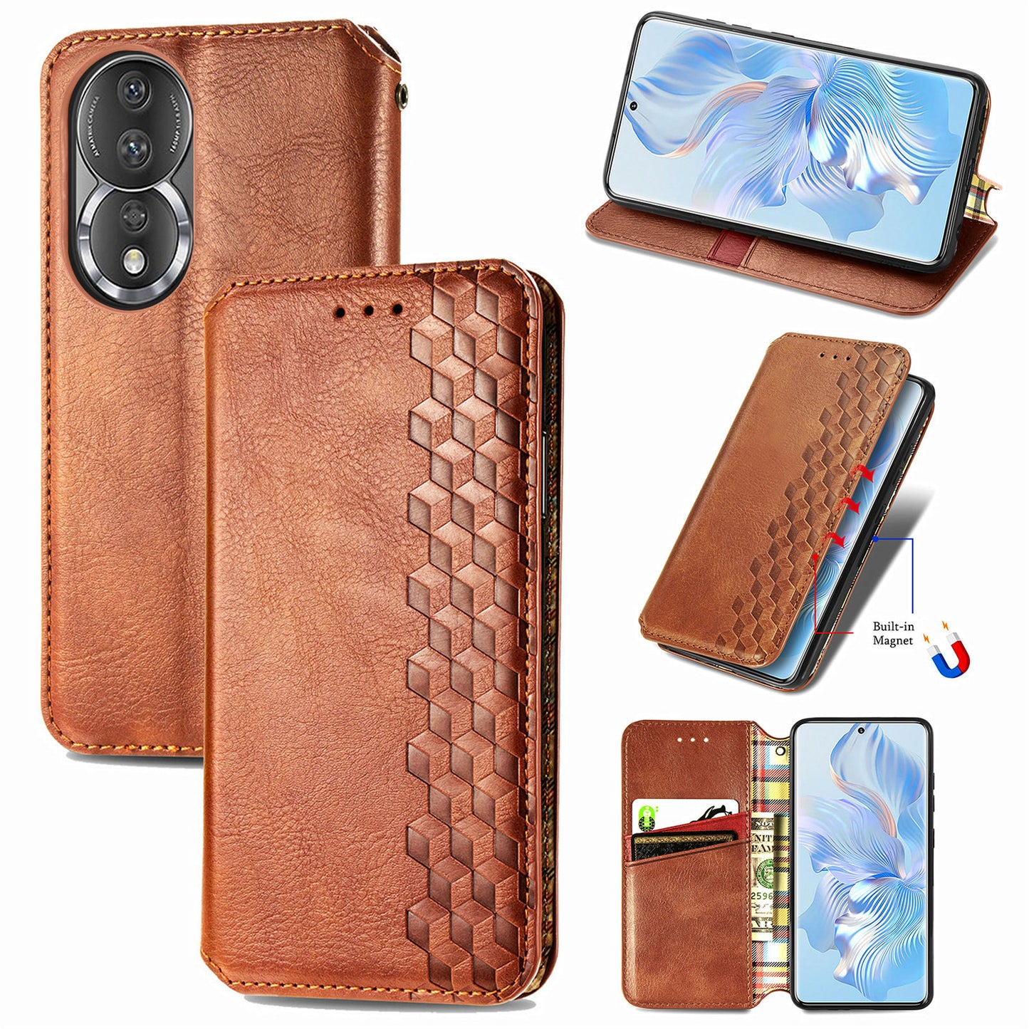 For Honor 80 5G TPU+PU Leather Wallet Phone Cover Imprinted Rhombus Stand Cell Phone Case