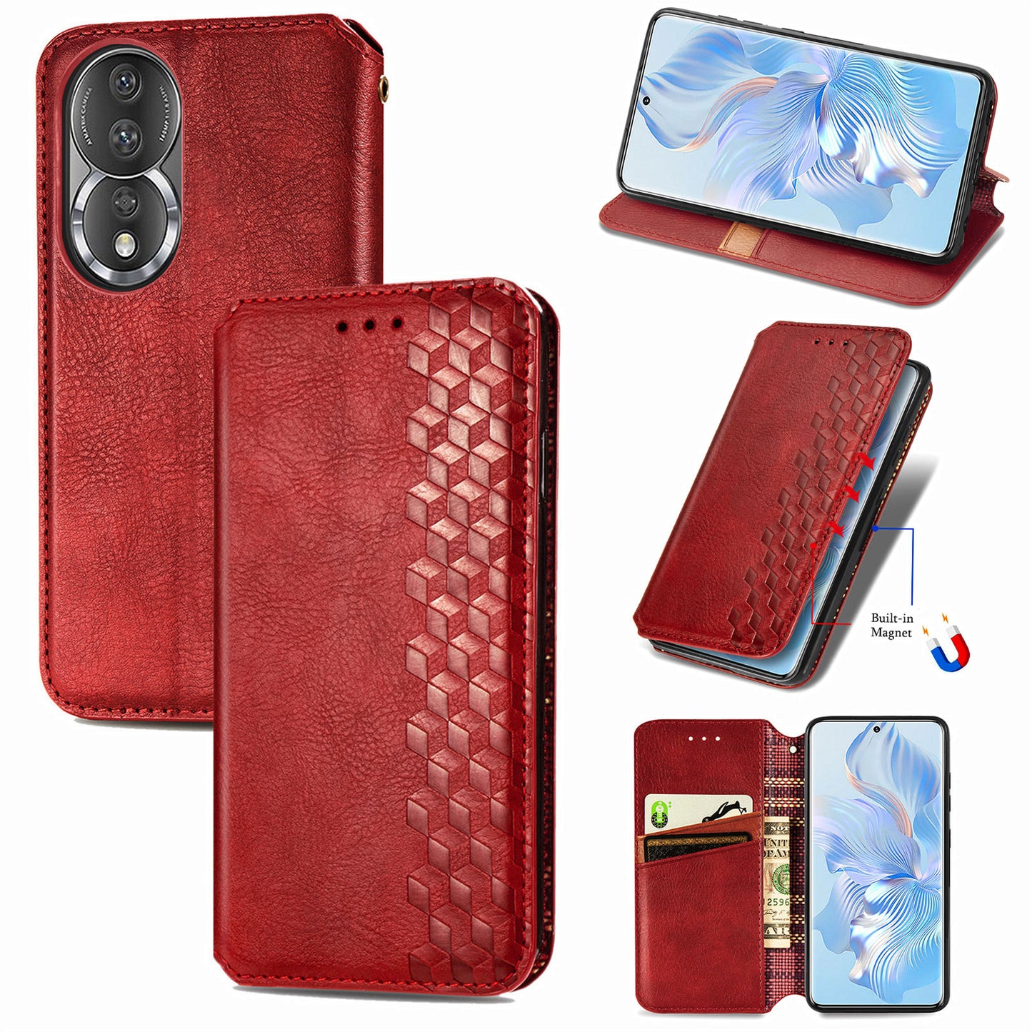 For Honor 80 5G TPU+PU Leather Wallet Phone Cover Imprinted Rhombus Stand Cell Phone Case