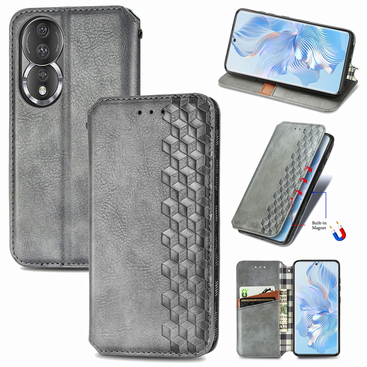 For Honor 80 5G TPU+PU Leather Wallet Phone Cover Imprinted Rhombus Stand Cell Phone Case