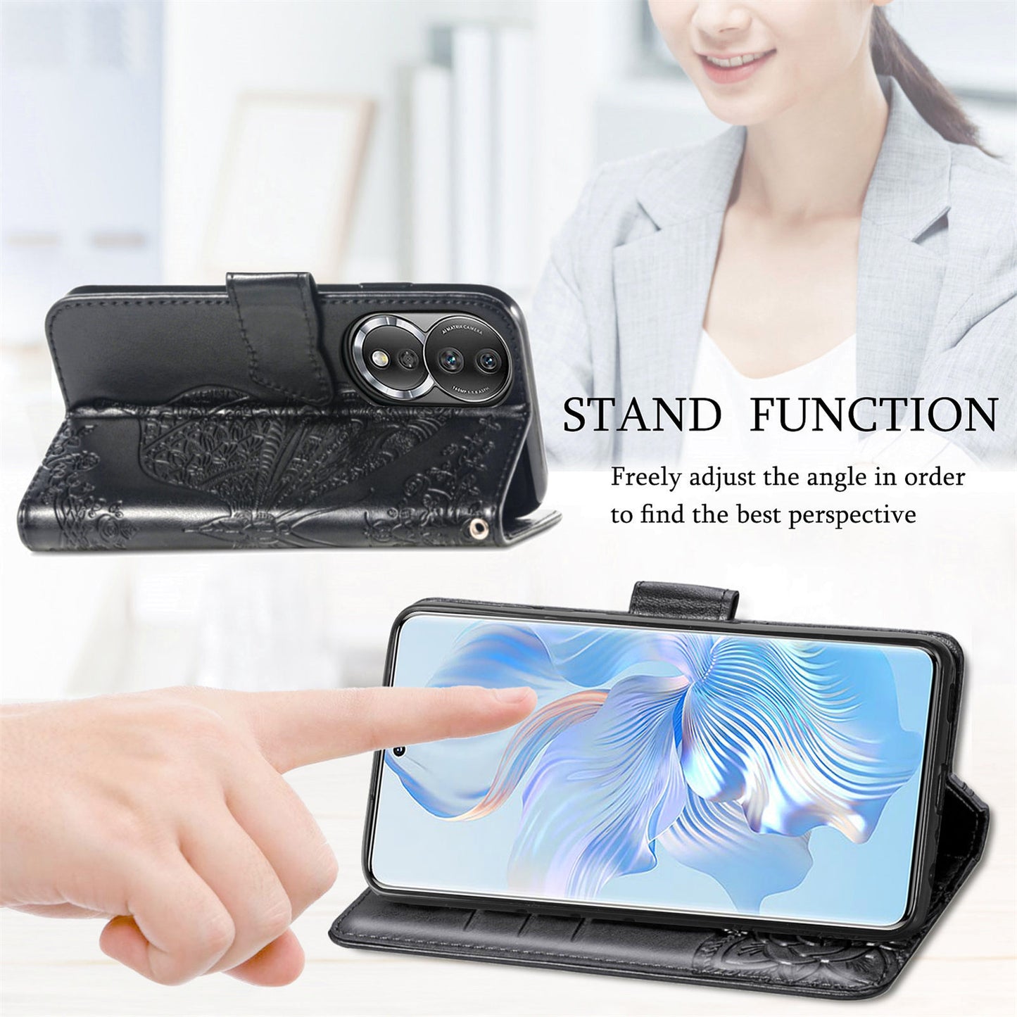 For Honor 80 5G PU Leather Imprinting Butterfly Phone Case Stand Magnetic Folio Wallet Cover