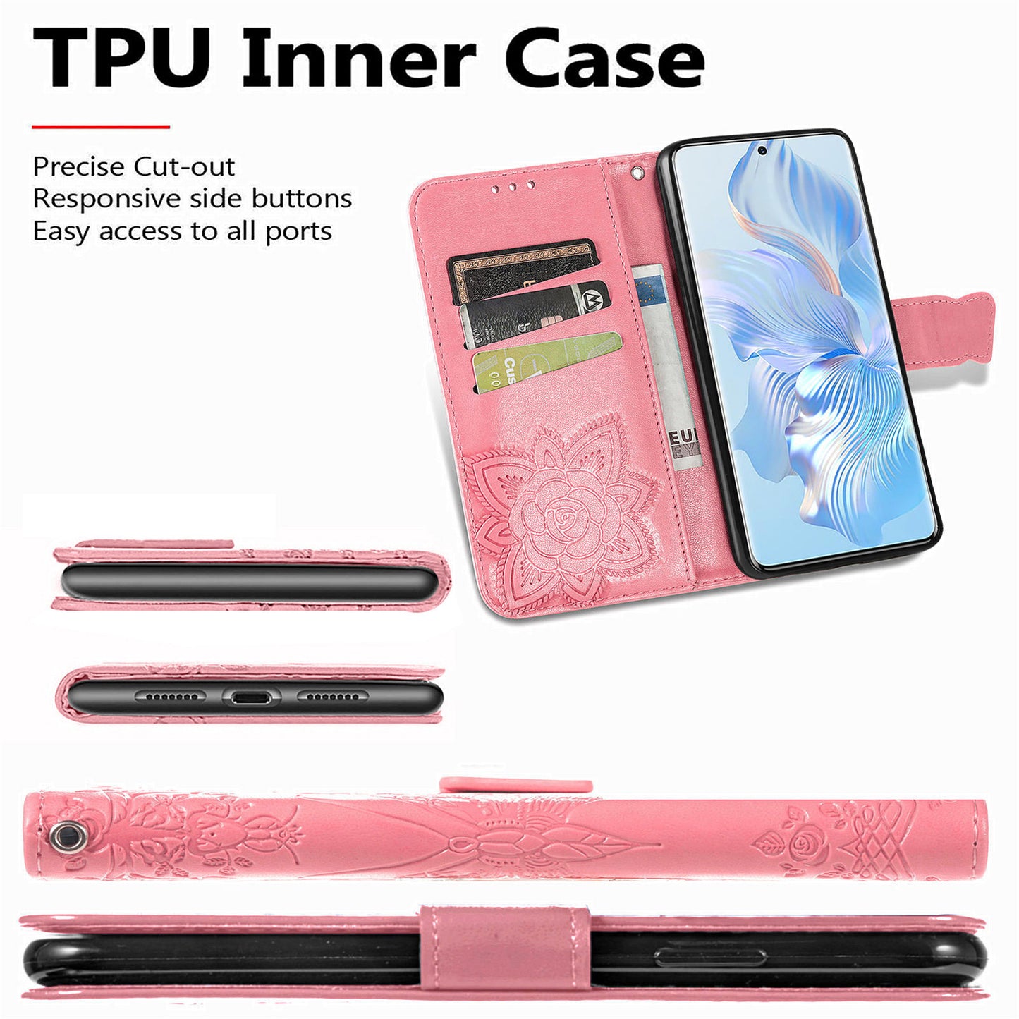 For Honor 80 5G PU Leather Imprinting Butterfly Phone Case Stand Magnetic Folio Wallet Cover