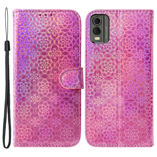 For Nokia C32 PU Leather Wallet Flip Case Dazzling Flower Pattern Folding Stand Phone Cover