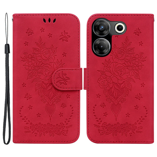 For Tecno Camon 20 Pro 4G PU Leather Stand Wallet Shell Rose Butterfly Imprinted Phone Case