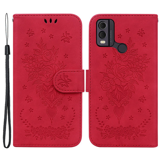 Leather Wallet Phone Case for Nokia C22 , Imprinted Rose Butterfly Protective Stand Cover