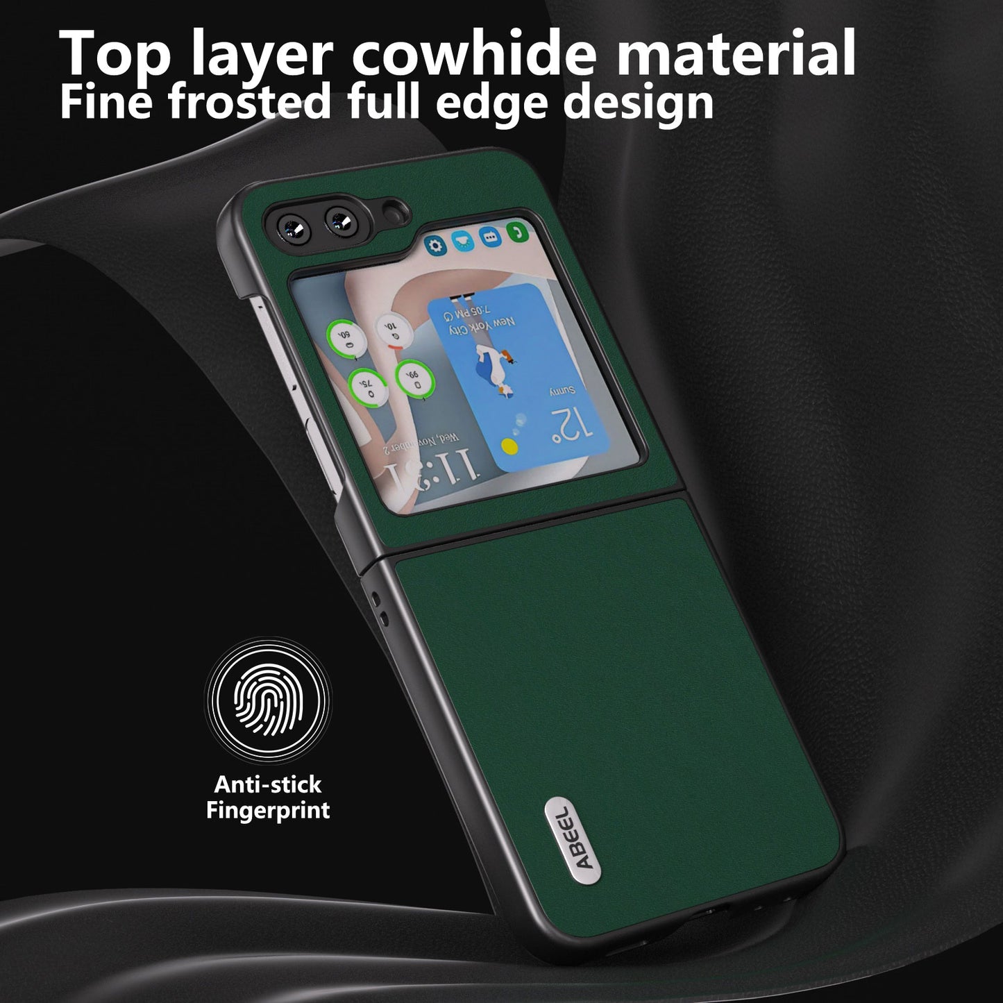 ABEEL For Samsung Galaxy Z Flip5 5G Shockproof Phone Case Cowhide Leather Coated PC Slim Folding Cover