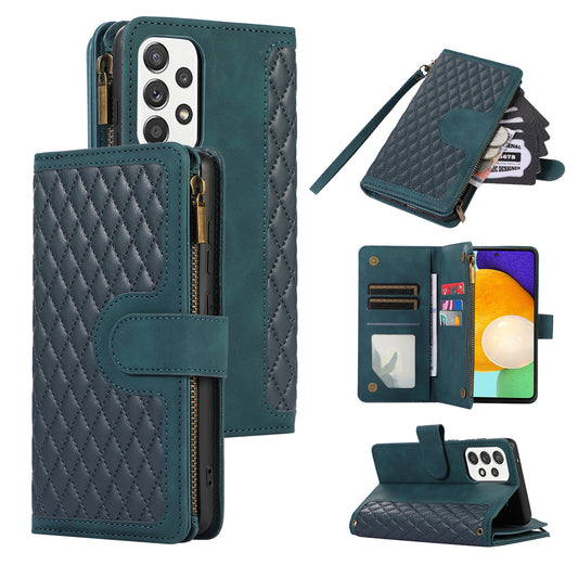 For Samsung Galaxy A53 5G Zipper Pocket Leather Stand Wallet Shell 9 Card Slots Rhombus Grid Phone Case
