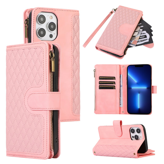 For iPhone 13 Pro Max 6.7 inch PU Leather 9 Card Slots Wallet Phone Case Imprinted Zipper Pocket Flip Stand Cover