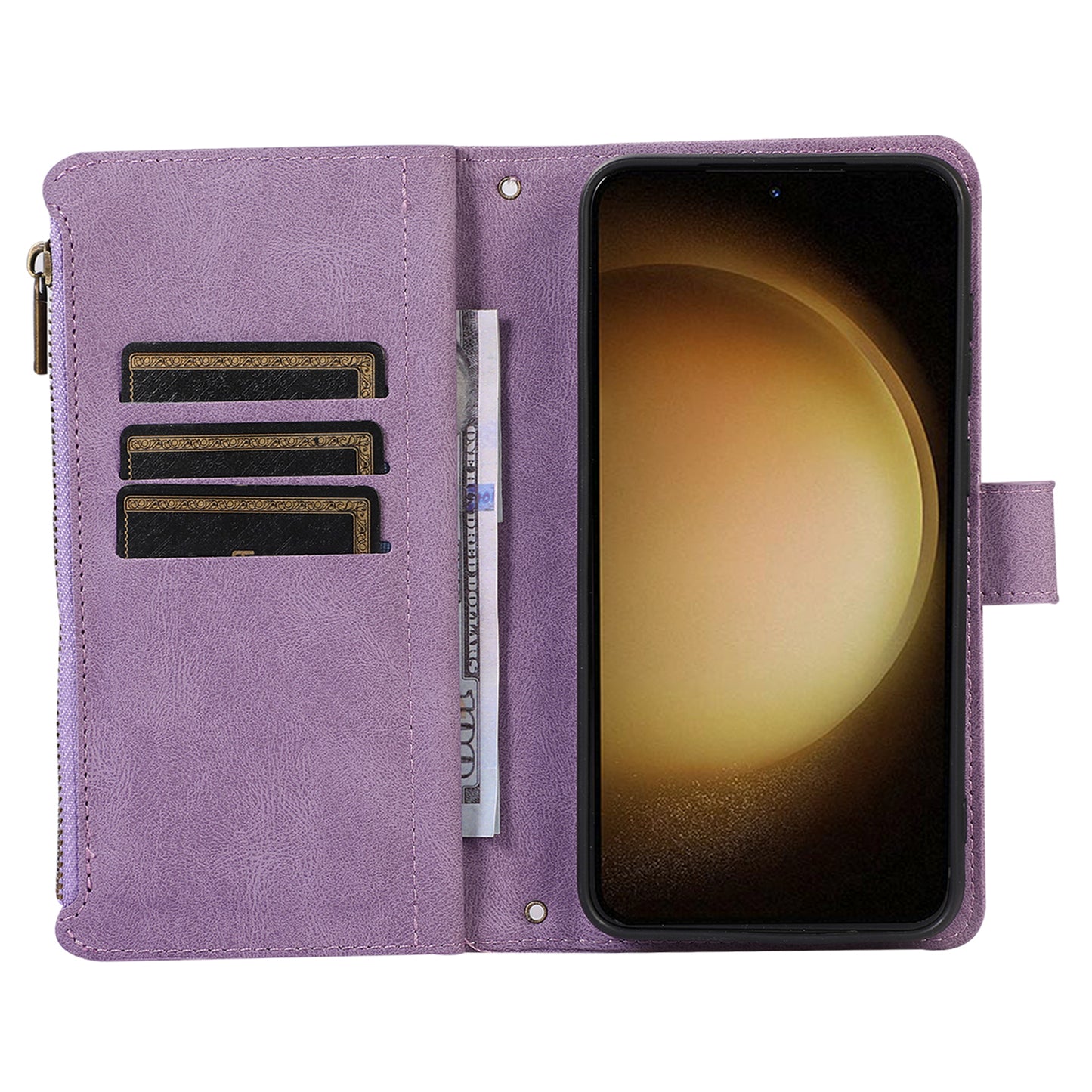 For Samsung Galaxy S23+ Zipper Pocket Leather Wallet Phone Case Rhombus Grid Card Holder Stand Cover