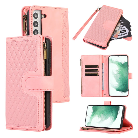 Leather Phone Case for Samsung Galaxy S22+ 5G 9 Card Slots Zipper Pocket Rhombus Imprint Stand Wallet Cover