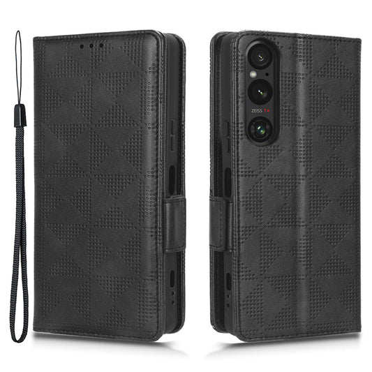 For Sony Xperia 1 V Cell Phone Cover Stand Wallet Imprinted Triangle PU Leather Phone Case