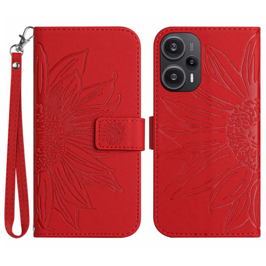 HT04 Wallet Phone Case for Xiaomi Poco F5 5G / Redmi Note 12 Turbo , PU Leather Sunflower Pattern Stand Cover with Hand Strap