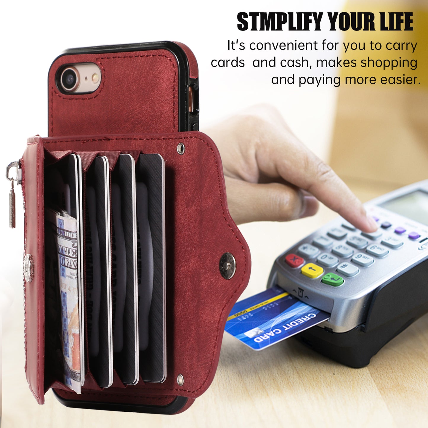 For iPhone 7 / 8 / SE (2020) / SE (2022) RFID Blocking Card Bag Phone Case Kickstand PU Leather+TPU Cover