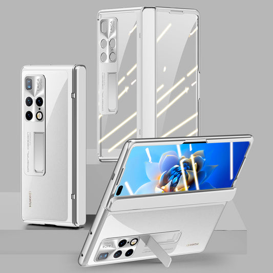 For Huawei Mate X2 4G / 5G Electroplating PC Phone Case Hinge Protection Kickstand Phone Cover with Tempered Glass Film