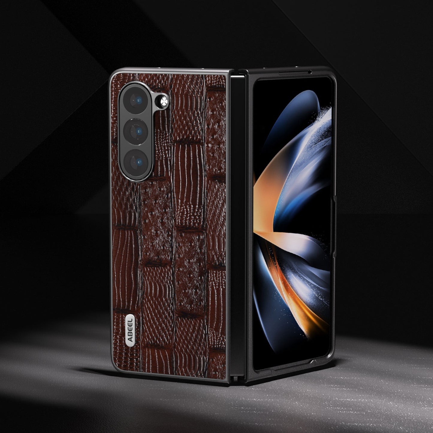 ABEEL For Samsung Galaxy Z Fold5 5G Mahjong Texture Phone Case Genuine Cow Leather Coated PC Shockproof Cover