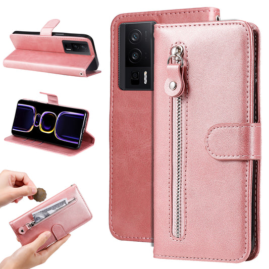For Xiaomi Redmi K60 Pro 5G / K60 5G / Poco F5 Pro 5G Phone Case Stand Shell Calf Texture Zipper Pocket Wallet Cover