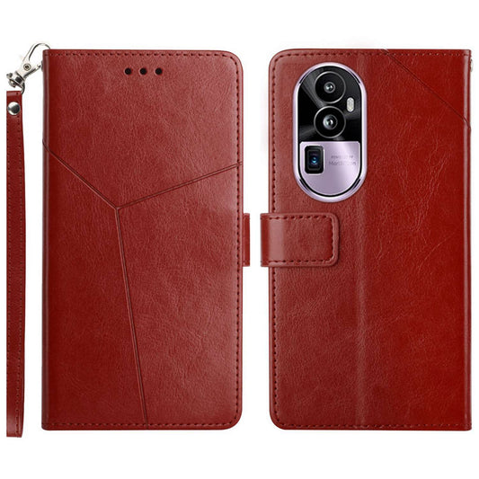 HT01 For Oppo Reno10 Pro+ 5G Y-shaped Line Imprinting Phone Stand Cover PU Leather Case Wallet