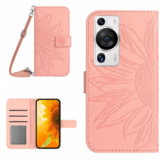 HT04 For Huawei P60 / P60 Pro Sunflower Imprinting Phone Case Leather Stand Wallet Cover with Shoulder Strap