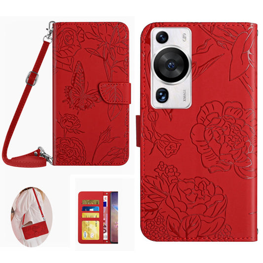 HT03 Phone Case for Huawei P60 / P60 Pro Wallet PU Leather Stand Butterfly Flowers Imprinted Cover with Shoulder Strap