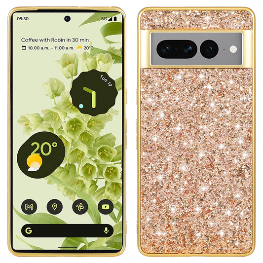 For Google Pixel 7a Phone Cover Electroplating TPU Frame Hard PC Back Case with Shiny Glitter Sequins Decor