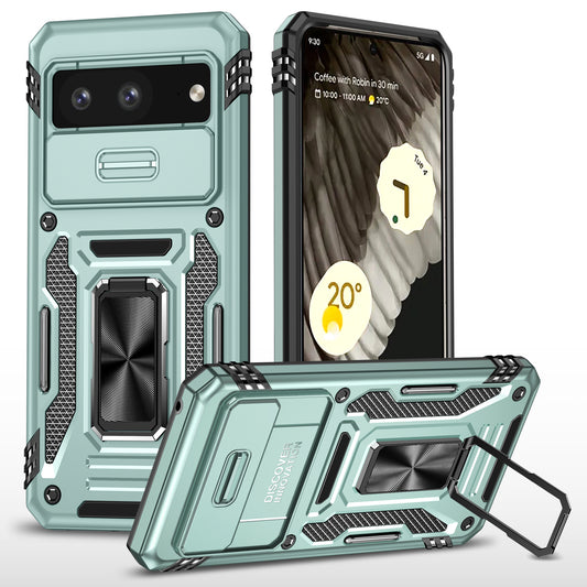 For Google Pixel 8 Armor Series PC + TPU Phone Case Ring Kickstand Cover with Slide Camera Window