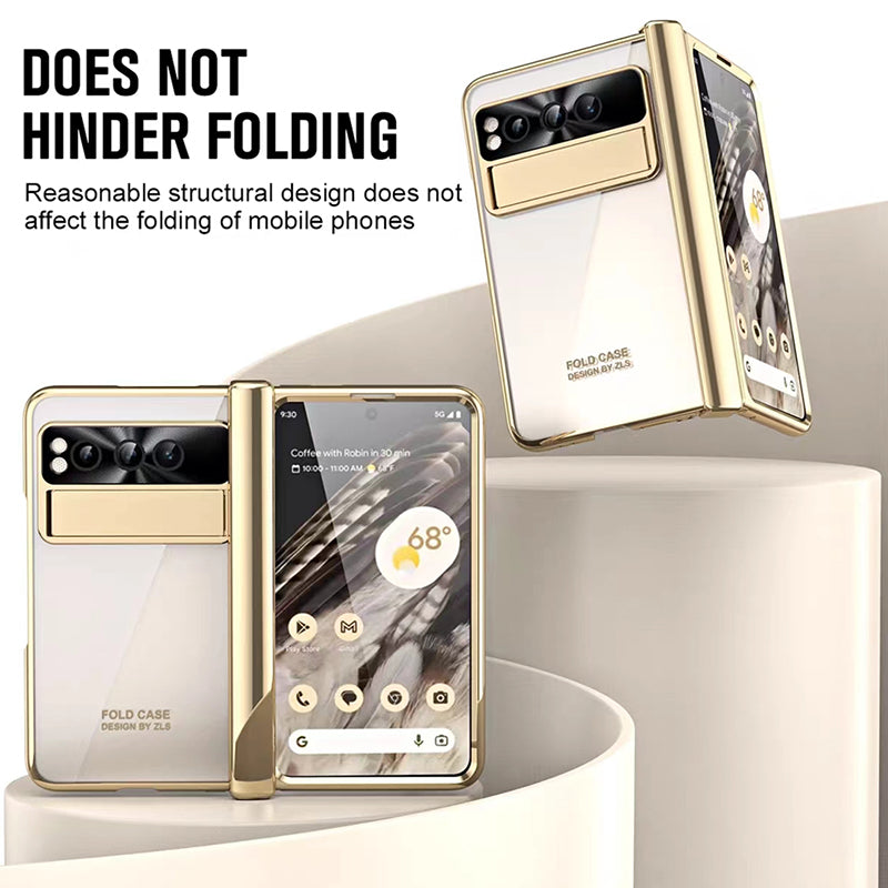 Kickstand Case for Google Pixel Fold , Electroplating PC Phone Cover with Tempered Glass Film and Stylus Pen